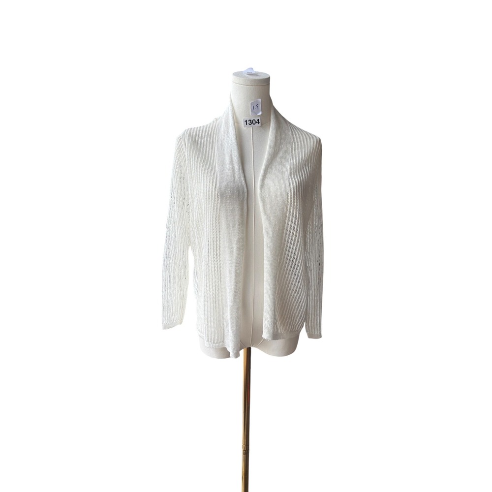Tahari Linen Cardigan Womens M White Open Front Crochet Knit Coastal Sweater Top